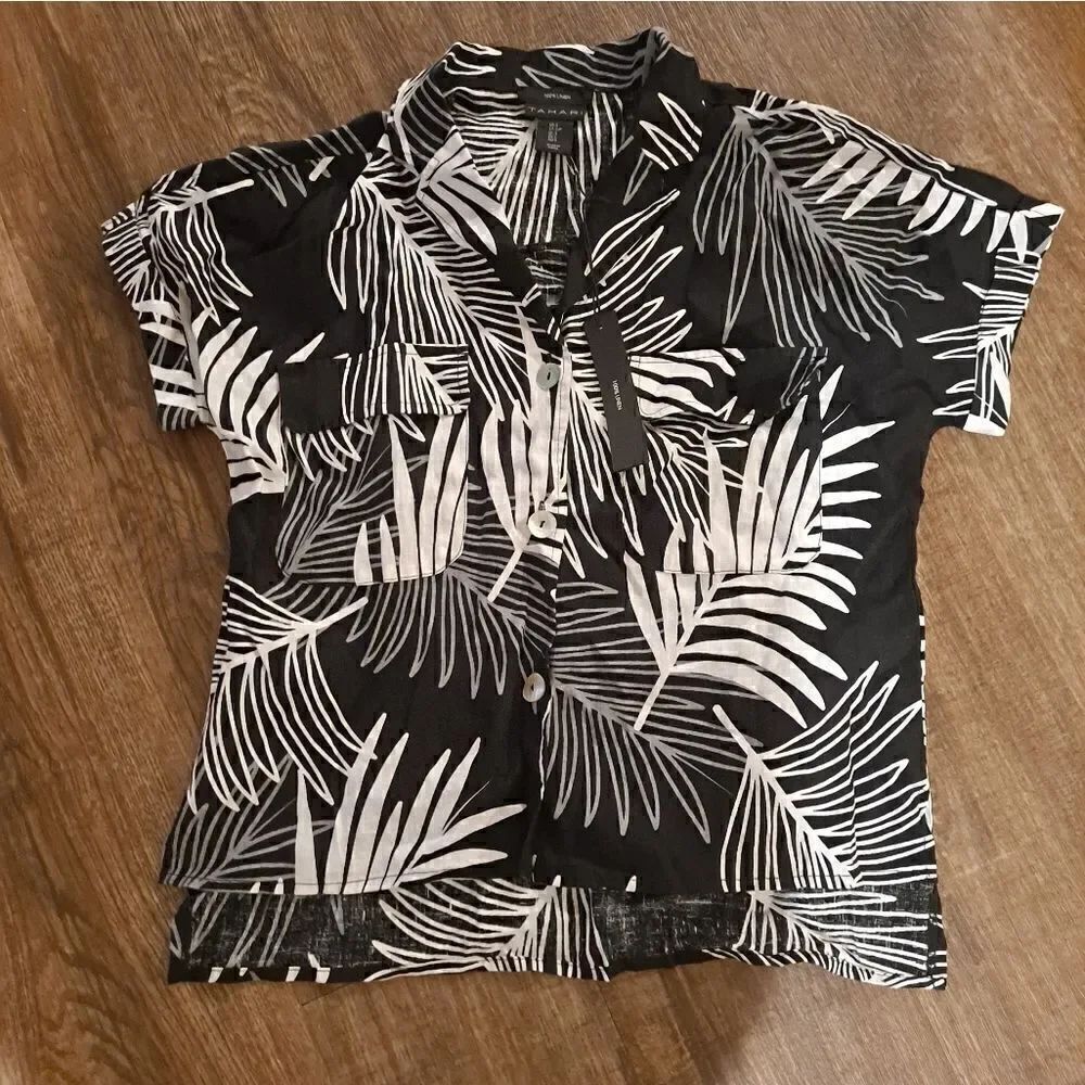 Tahari Black/White Print Linen Top Women's Small Palm Trees